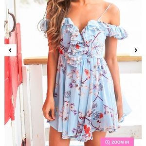 Dusty Floral blue short dress with ruffles(romper)